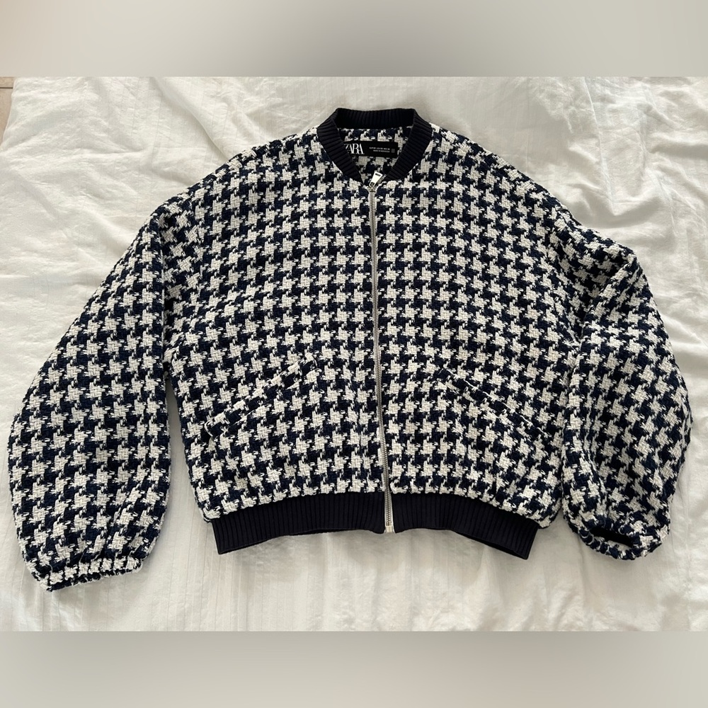 Zara Textured Navy and White Bomber Jacket